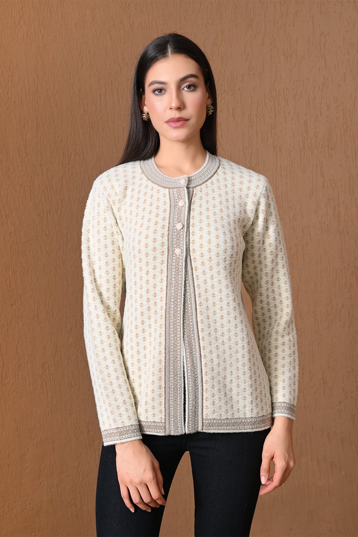 Winter Cream Embroidered Knitted Cardigan
