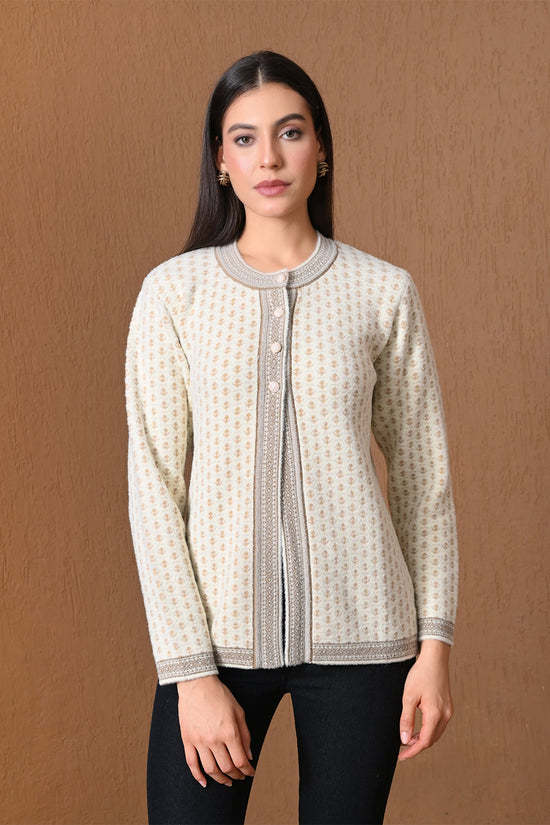 Winter Cream Embroidered Knitted Cardigan