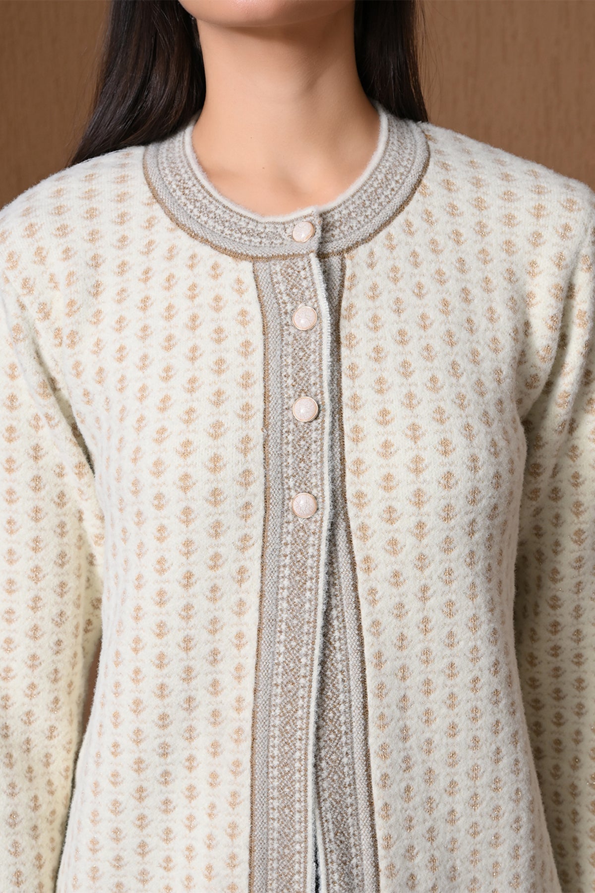 Winter Cream Embroidered Knitted Cardigan