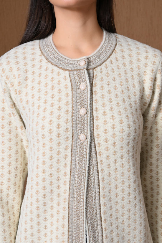 Winter Cream Embroidered Knitted Cardigan