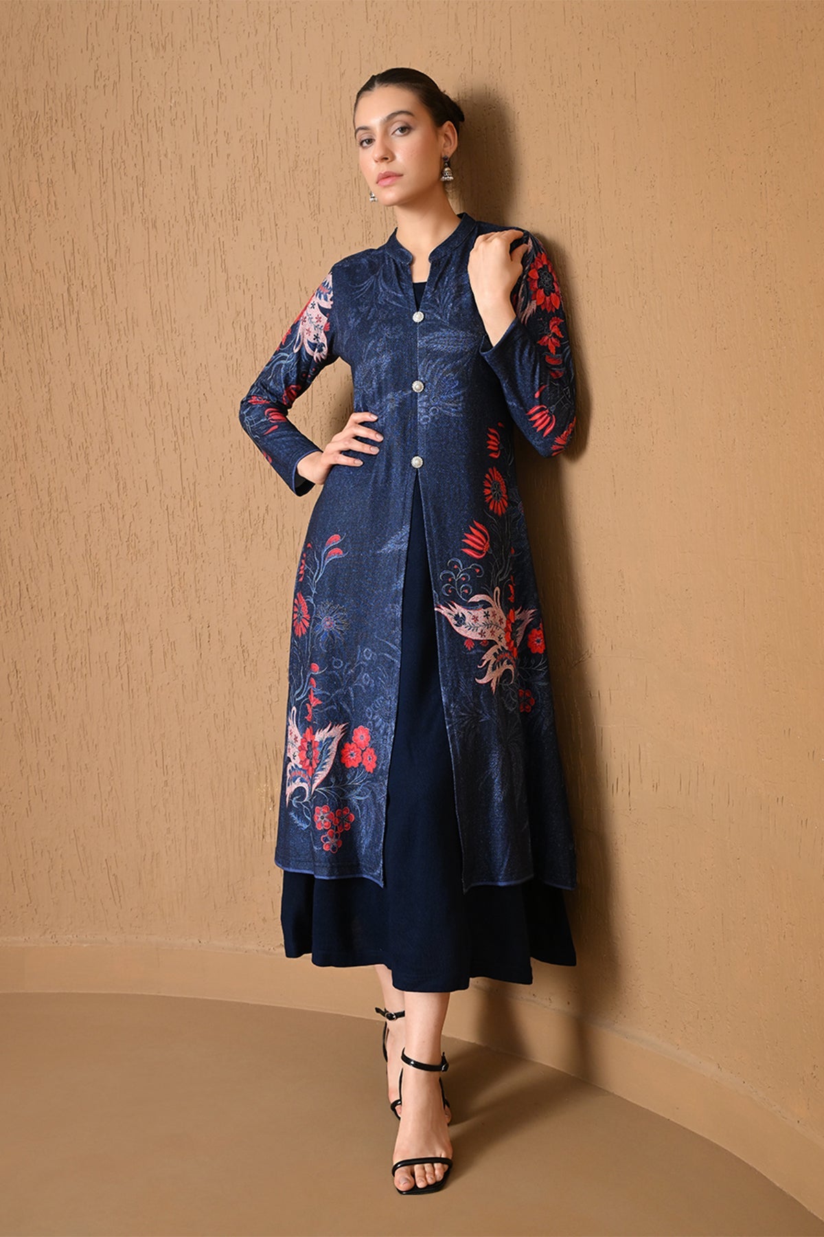 Winter Indigo Blue Floral Woven Inner Shrug Set