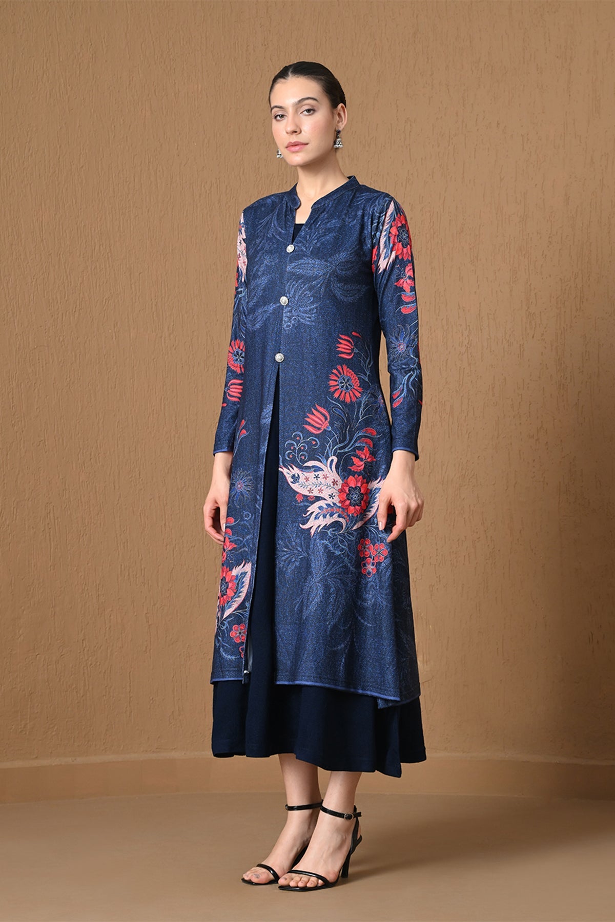 Winter Indigo Blue Floral Woven Inner Shrug Set