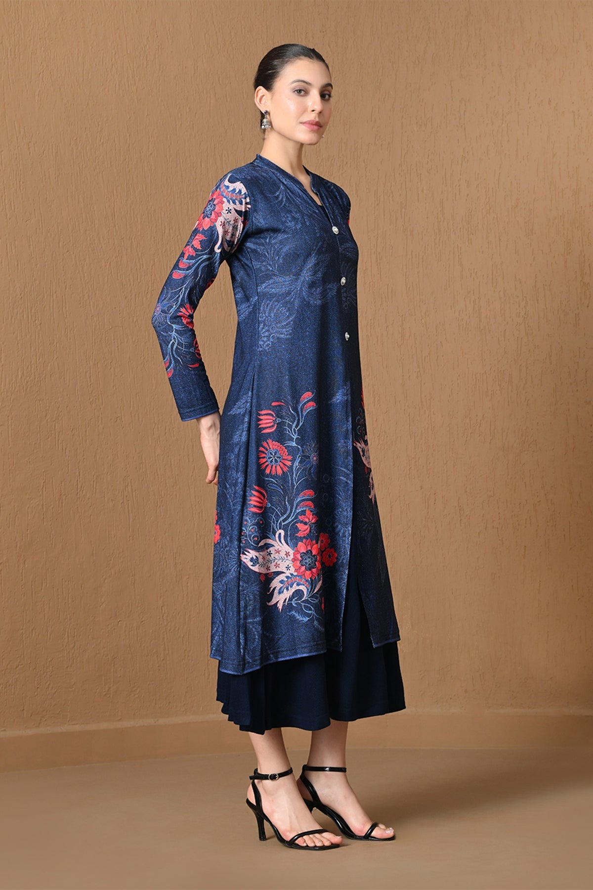 Winter Indigo Blue Floral Woven Inner Shrug Set
