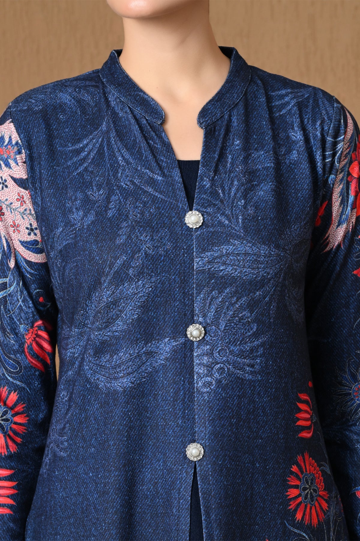 Winter Indigo Blue Floral Woven Inner Shrug Set