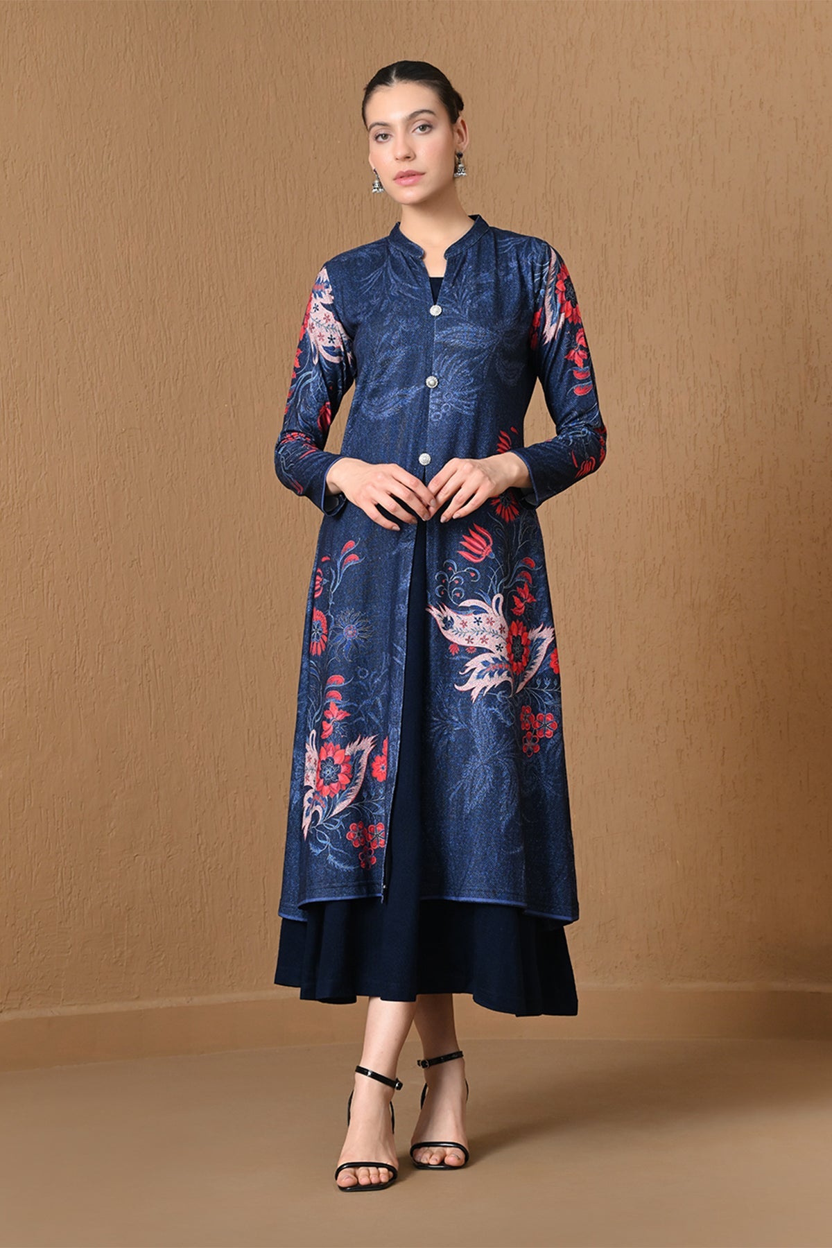 Winter Indigo Blue Floral Woven Inner Shrug Set