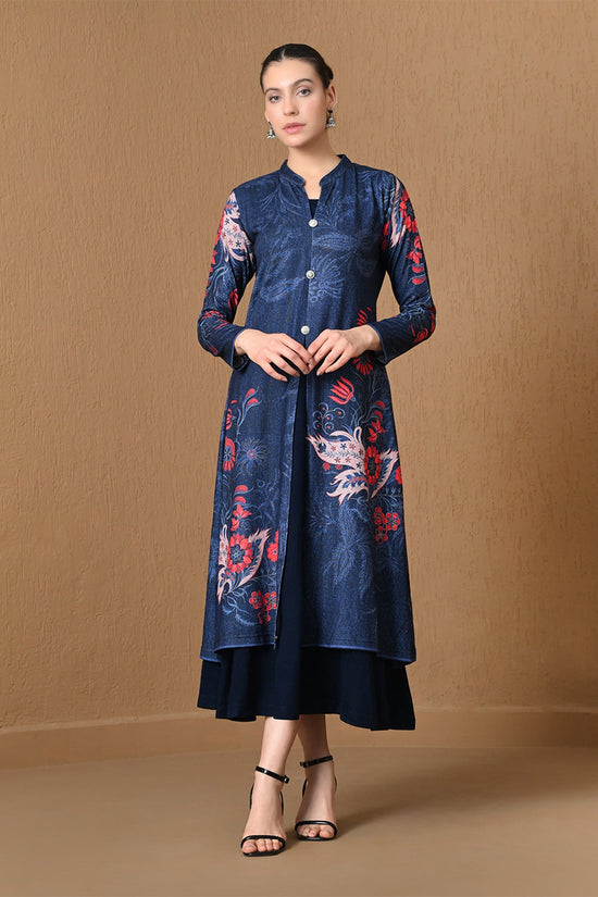 Winter Indigo Blue Floral Woven Inner Shrug Set