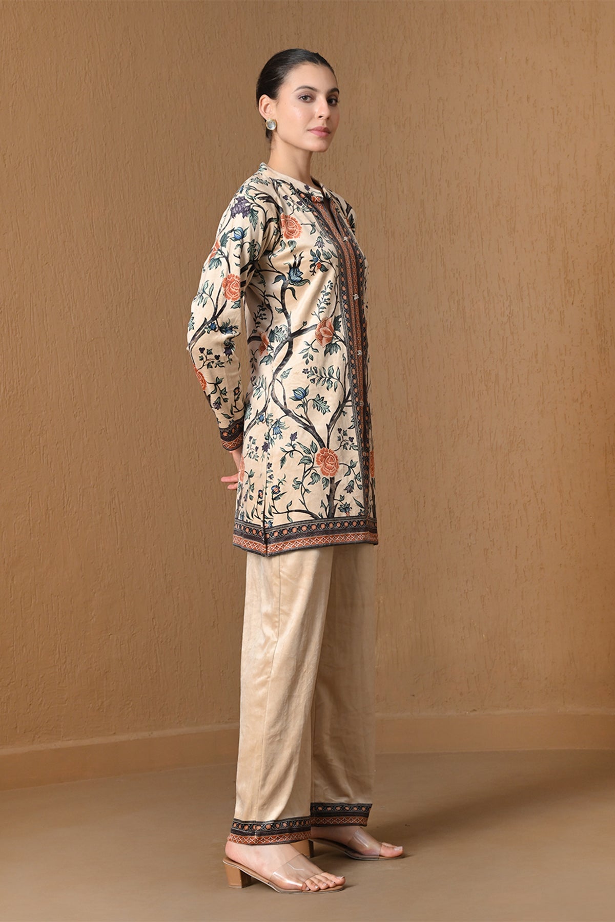 Winter Beige Floral Print Woven Co-ord Set