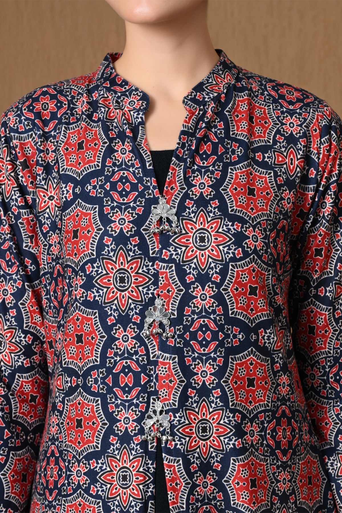 Winter Elegant Blue Geometric Print Woven Inner Shrug Set