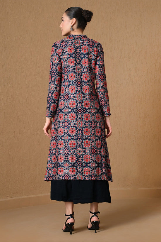 Winter Elegant Blue Geometric Print Woven Inner Shrug Set