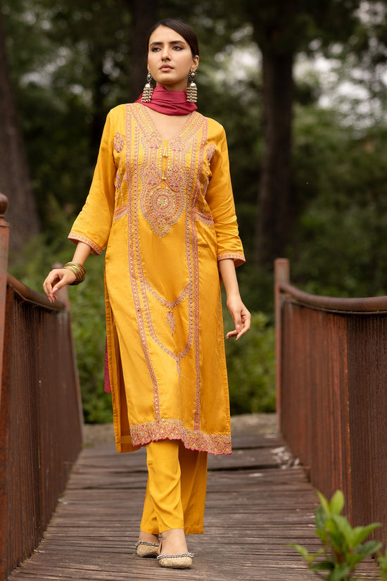 Mustard Embellished 3 Pcs Kurta Set