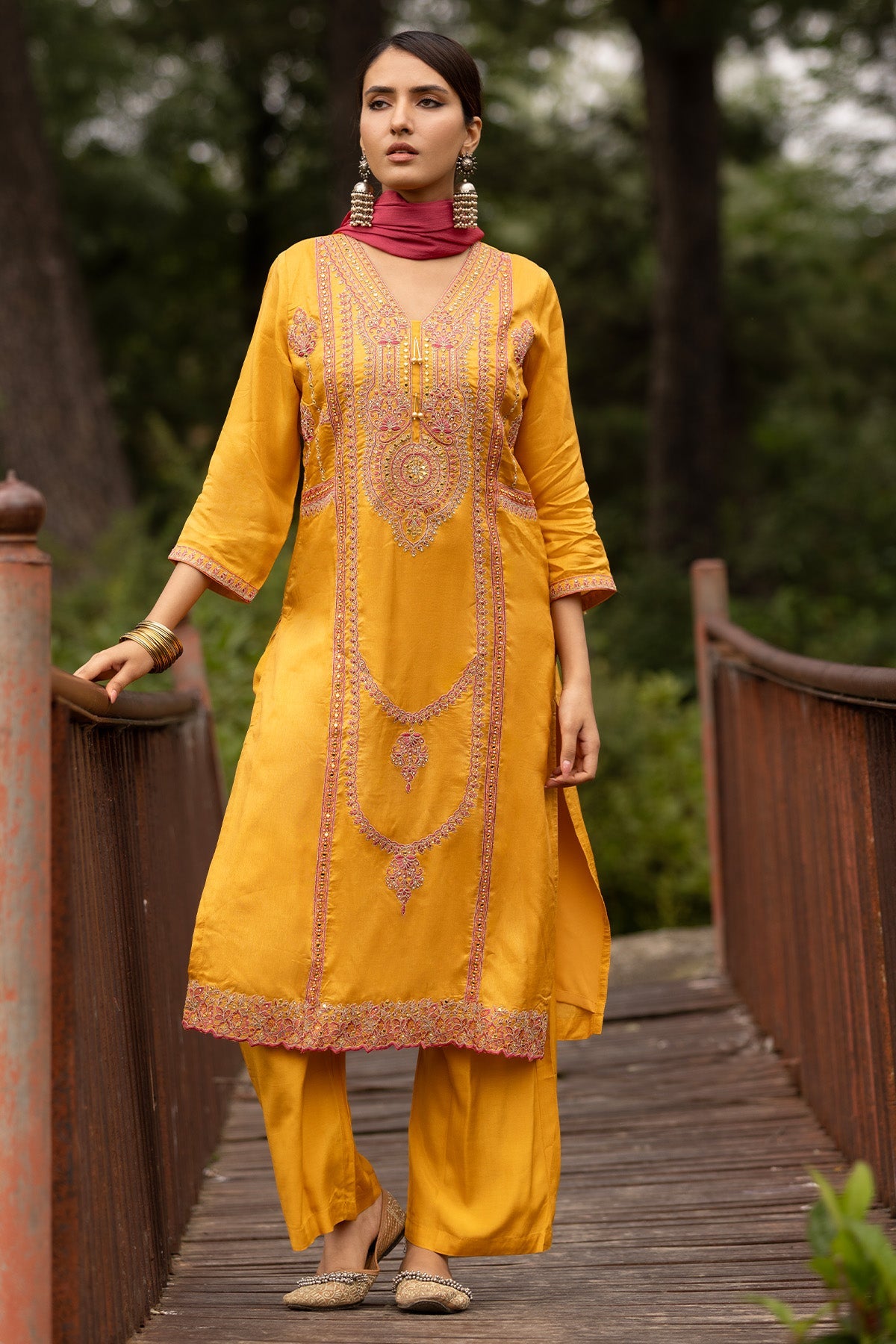 Mustard Embellished 3 Pcs Kurta Set