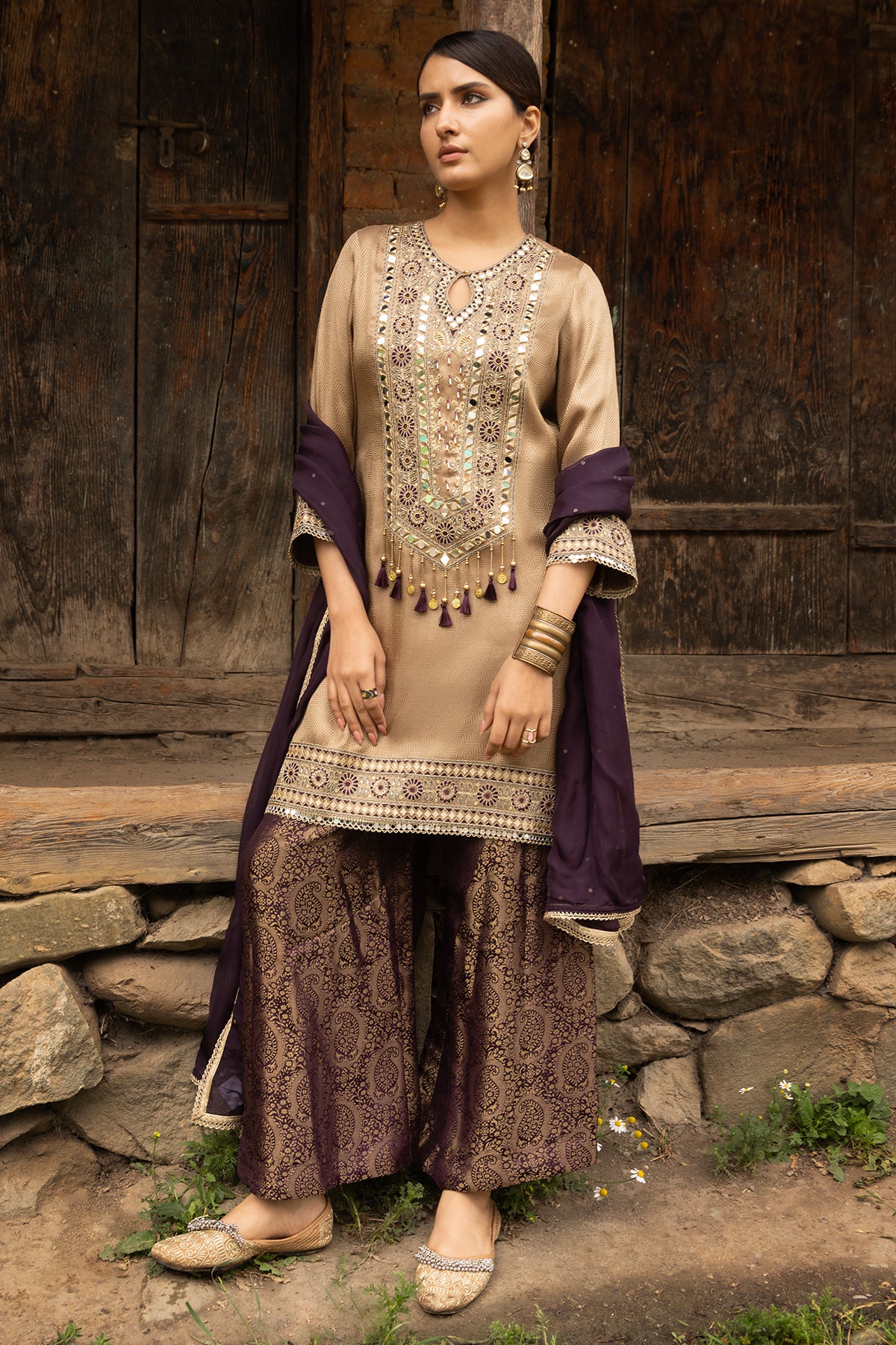 Metallic Beige Mirror Embellished 3 Pcs Kurta Set