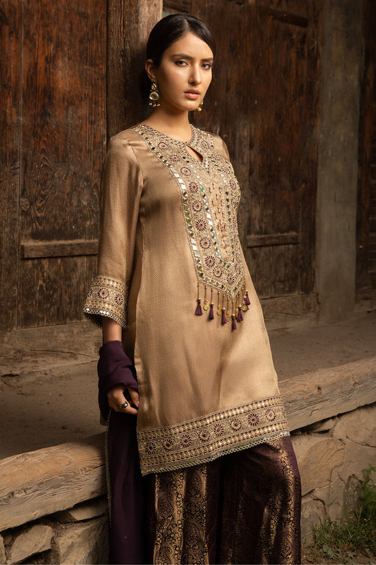 Metallic Beige Mirror Embellished 3 Pcs Kurta Set