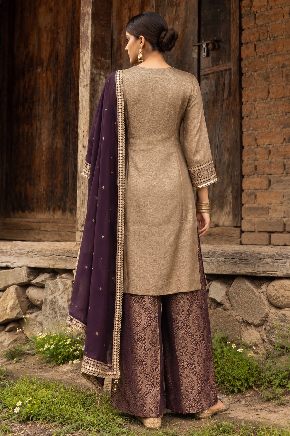 Metallic Beige Mirror Embellished 3 Pcs Kurta Set