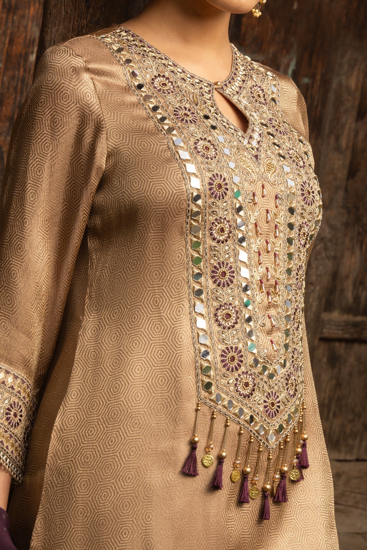 Metallic Beige Mirror Embellished 3 Pcs Kurta Set