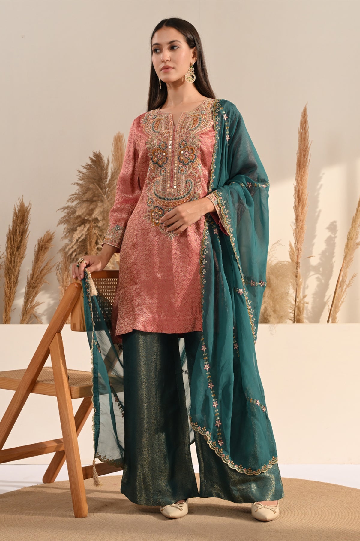 Peach Metallic Tissue Sequin A-Line Kurta Set