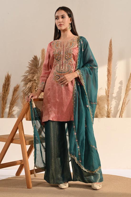 Peach Metallic Tissue Sequin A-Line Kurta Set