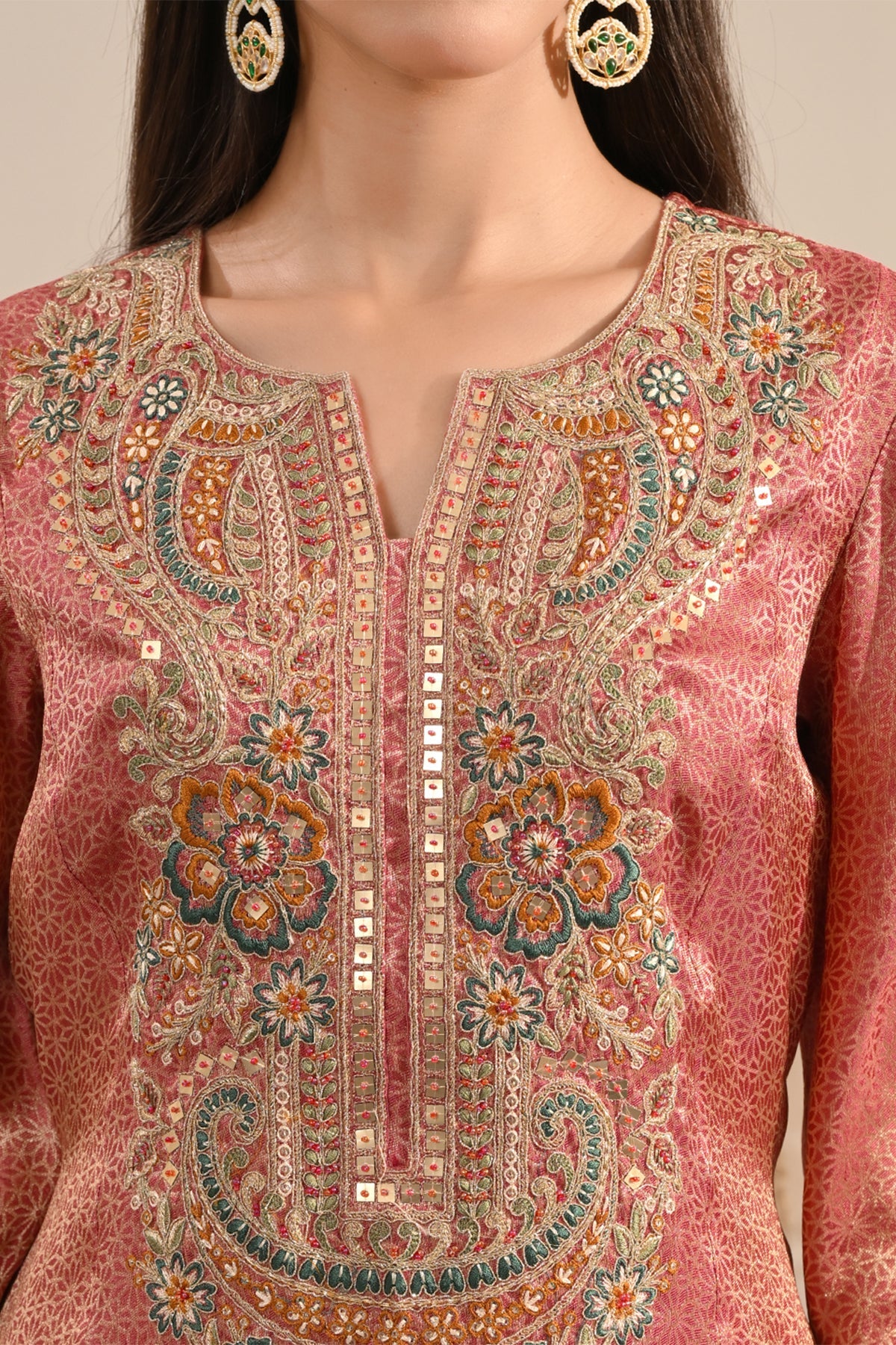 Peach Metallic Tissue Sequin A-Line Kurta Set