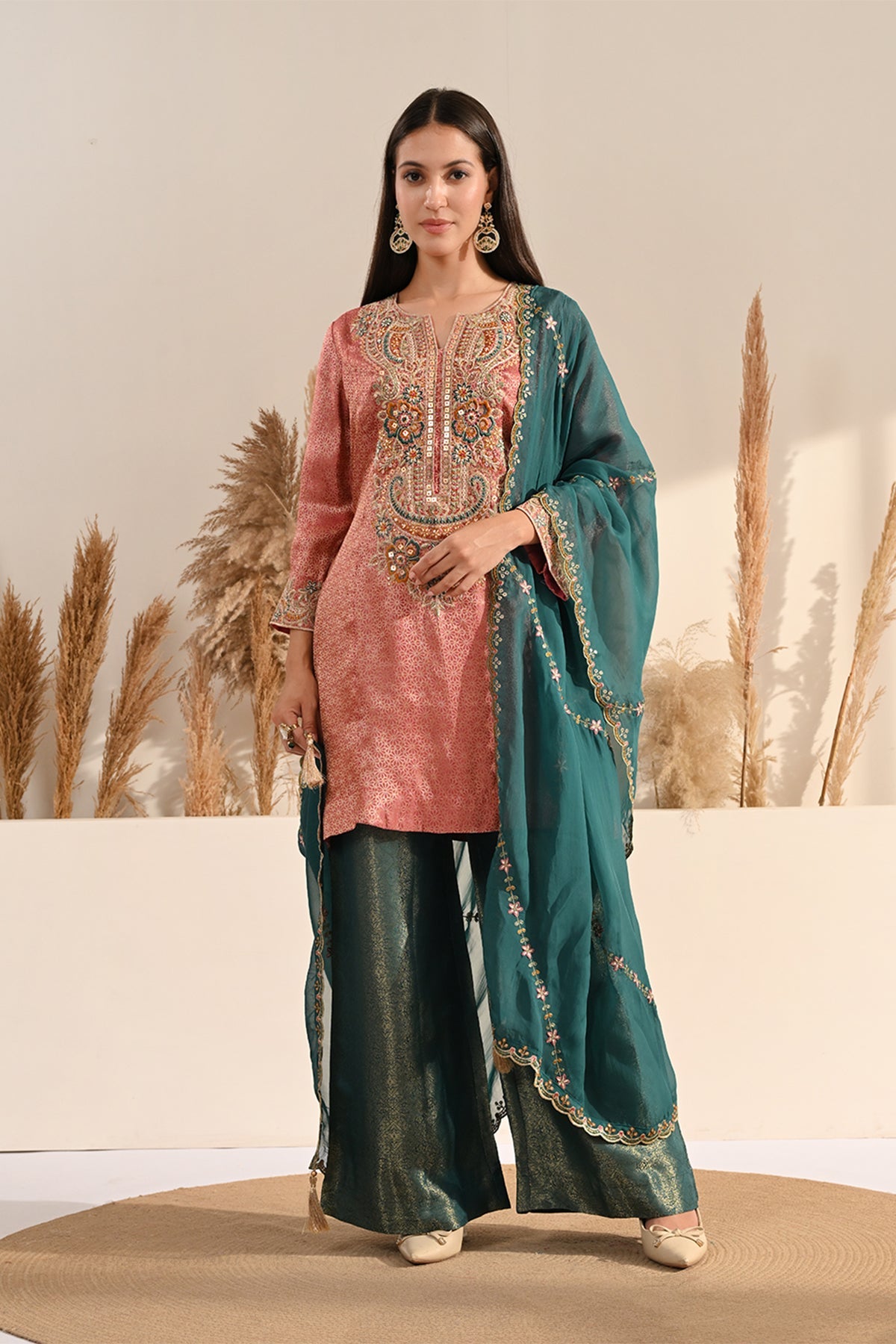 Peach Metallic Tissue Sequin A-Line Kurta Set