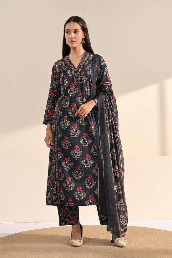 Blue Floral Printed 3 Pcs Kurta Set