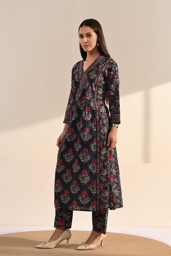 Blue Floral Printed 3 Pcs Kurta Set
