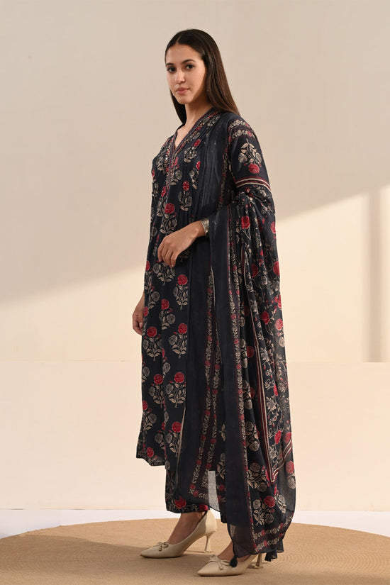 Blue Floral Printed 3 Pcs Kurta Set