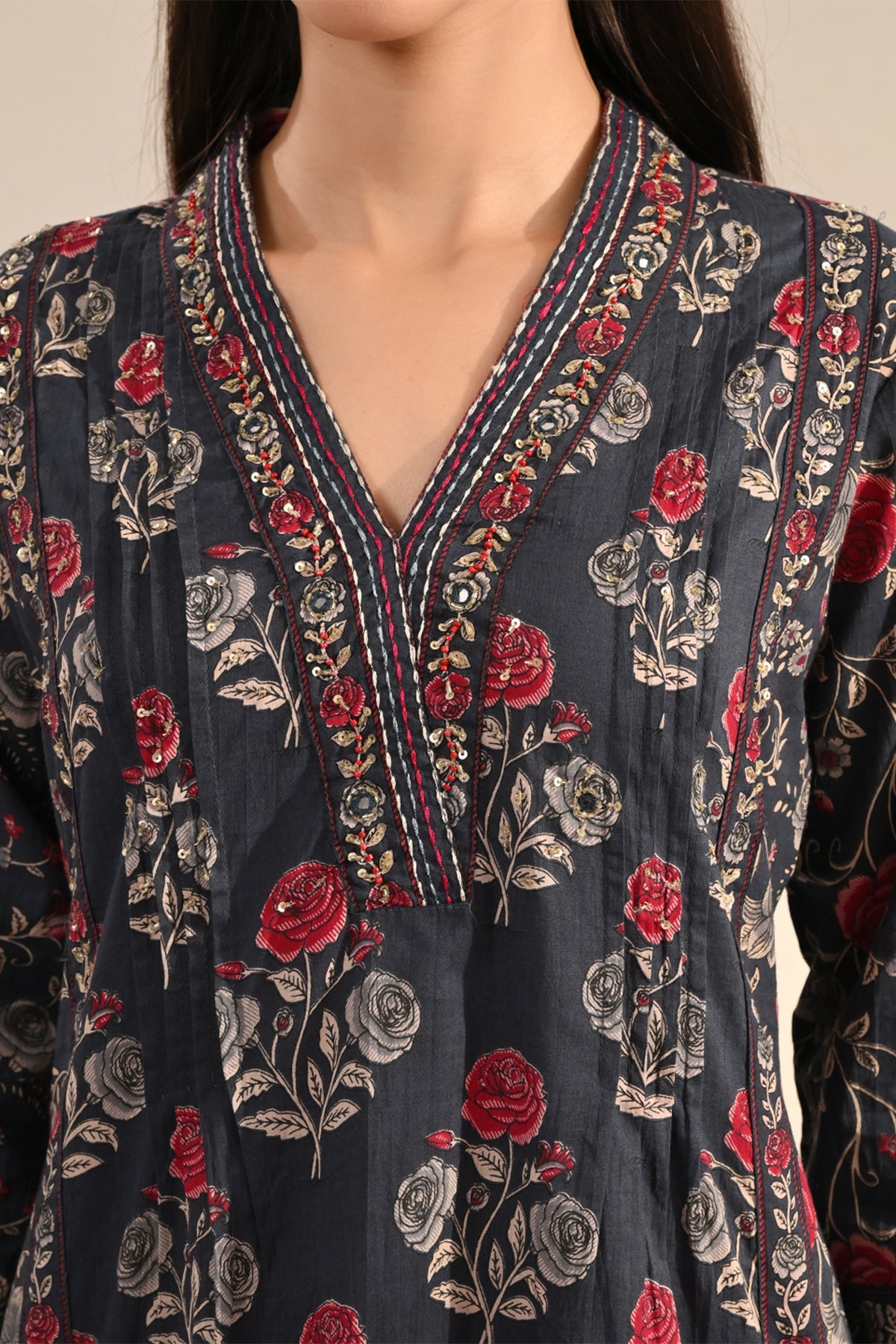 Blue Floral Printed 3 Pcs Kurta Set