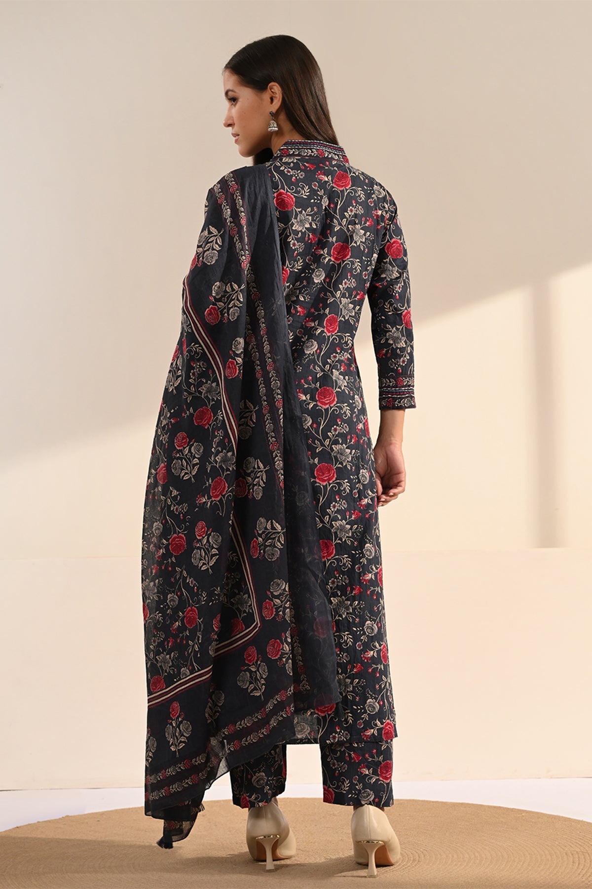 Blue Floral Printed 3 Pcs Kurta Set