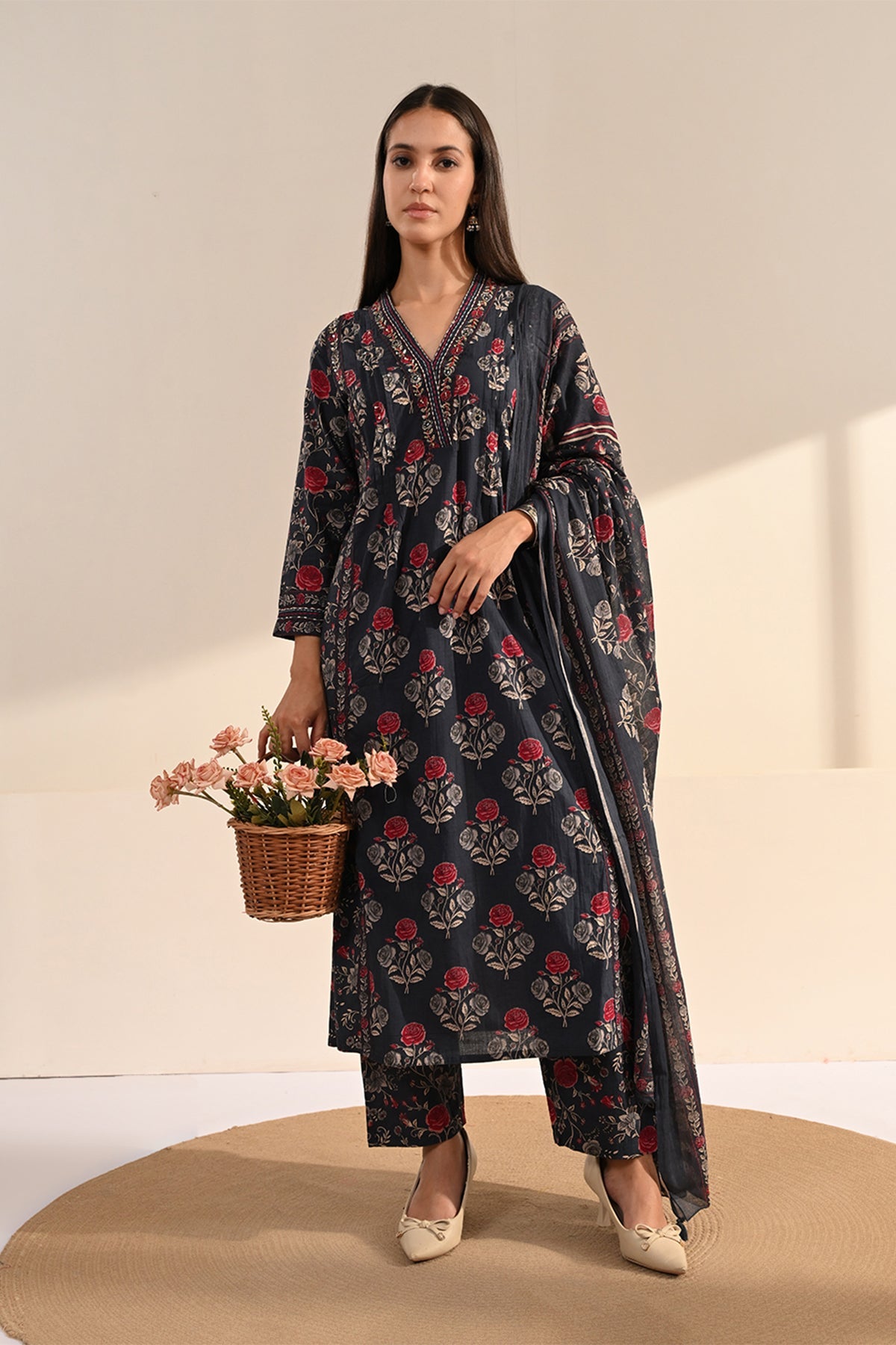 Blue Floral Printed 3 Pcs Kurta Set
