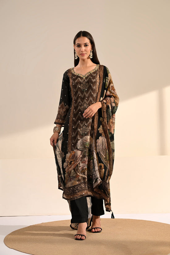 Black Floral & Chevron Printed 3 Pcs Kurta Set