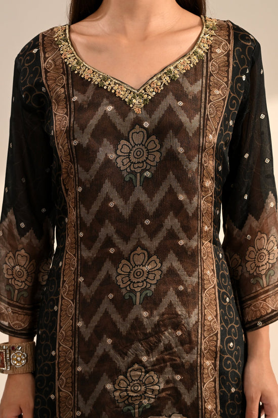 Black Floral & Chevron Printed 3 Pcs Kurta Set