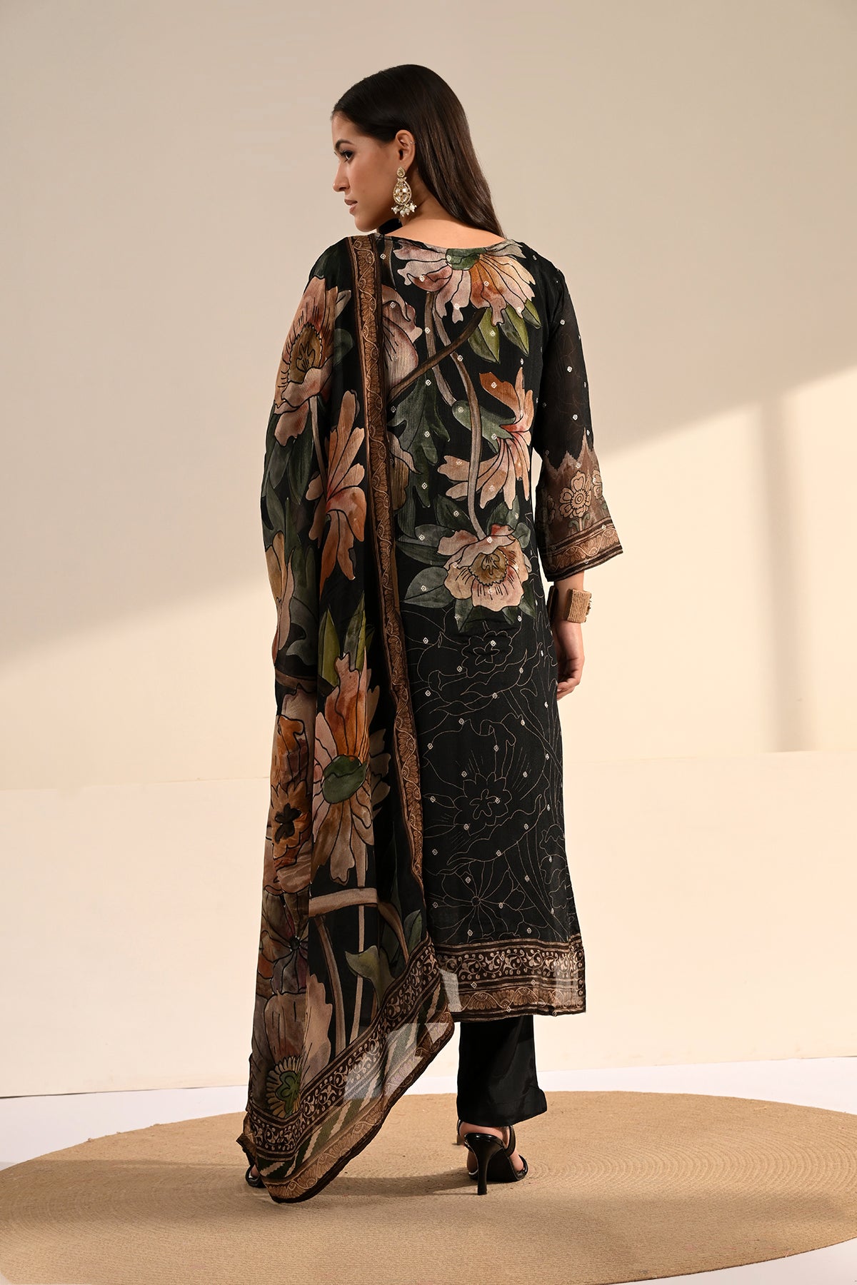 Black Floral & Chevron Printed 3 Pcs Kurta Set