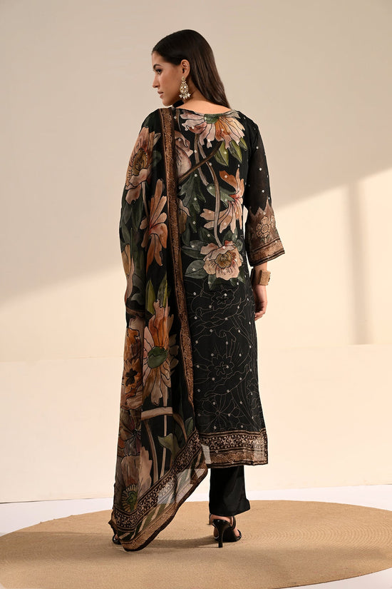 Black Floral & Chevron Printed 3 Pcs Kurta Set