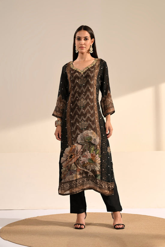 Black Floral & Chevron Printed 3 Pcs Kurta Set