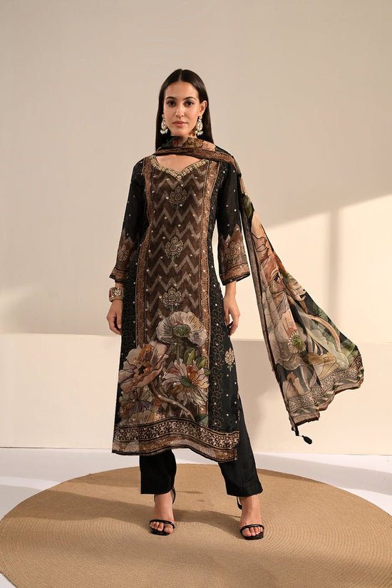 Black Floral & Chevron Printed 3 Pcs Kurta Set