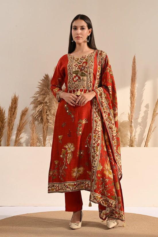 Rust Kalamkari Printed 3 Pcs Kurta Set