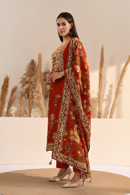 Rust Kalamkari Printed 3 Pcs Kurta Set