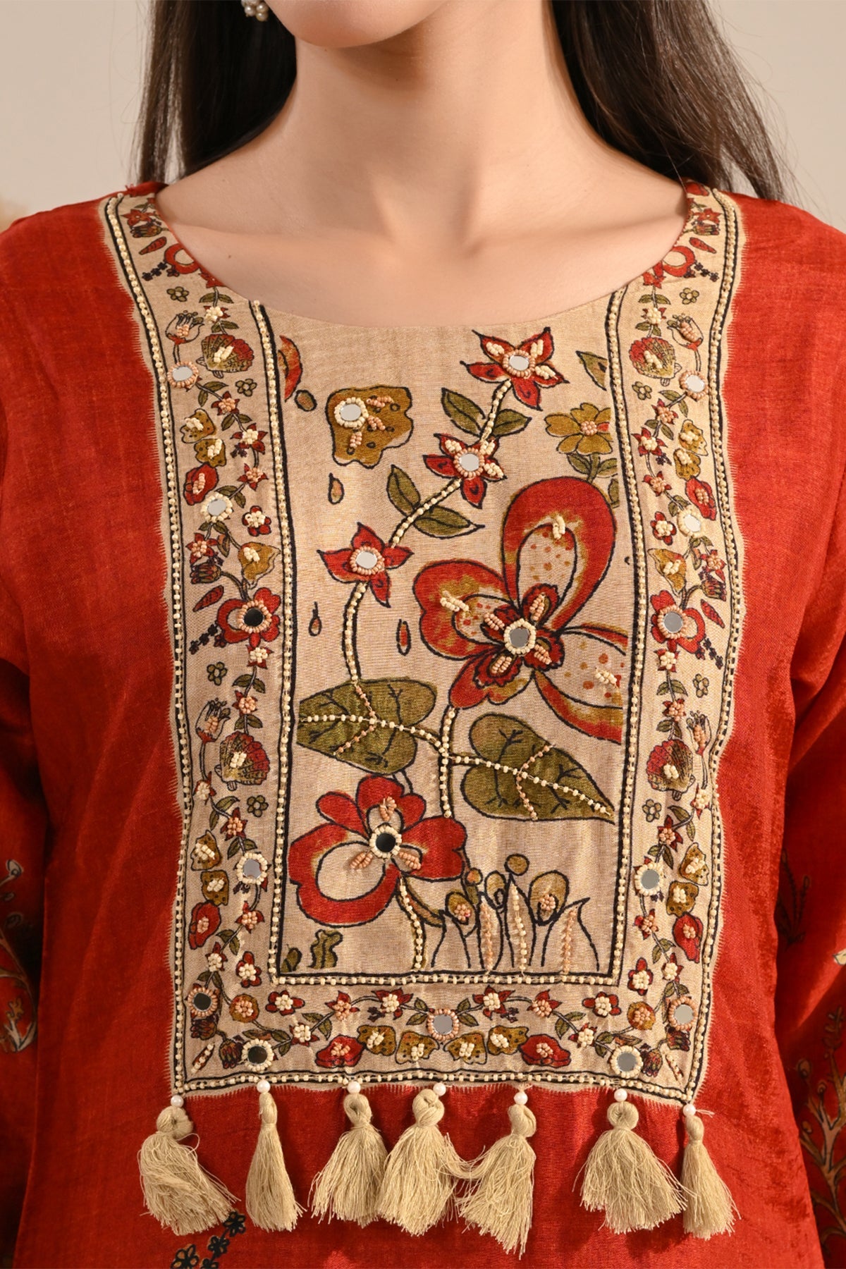 Rust Kalamkari Printed 3 Pcs Kurta Set