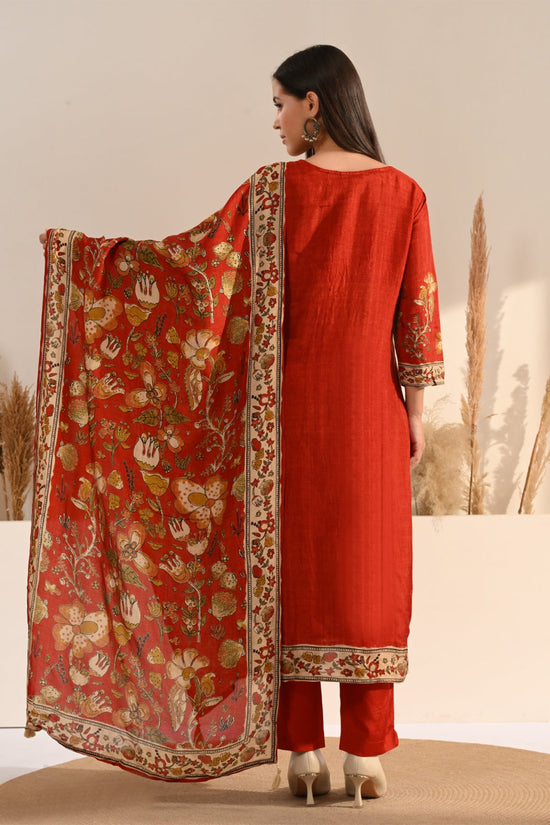 Rust Kalamkari Printed 3 Pcs Kurta Set