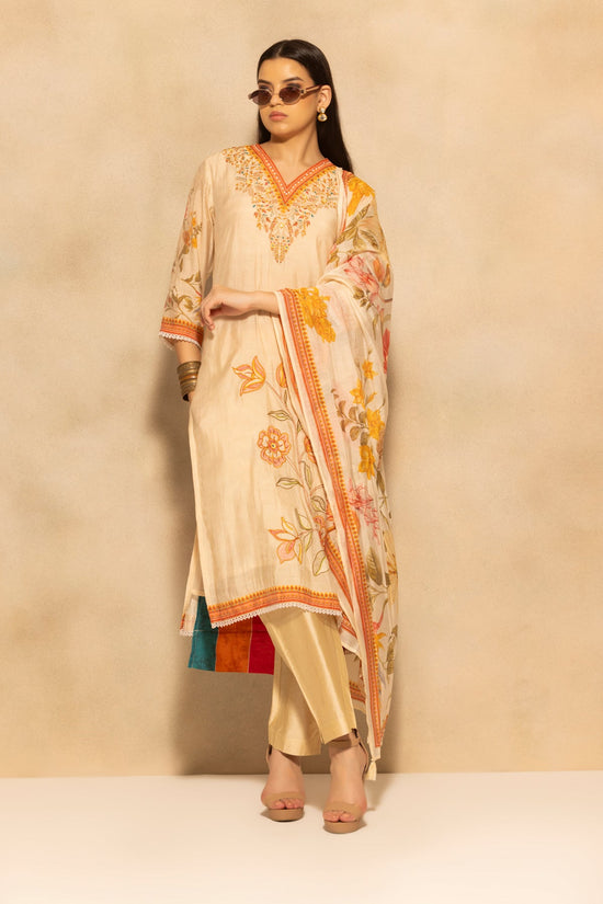Beige Floral Printed 3 Pcs Kurta Set
