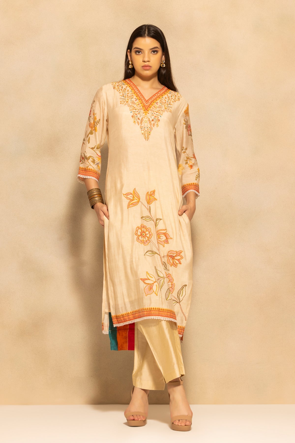 Beige Floral Printed 3 Pcs Kurta Set