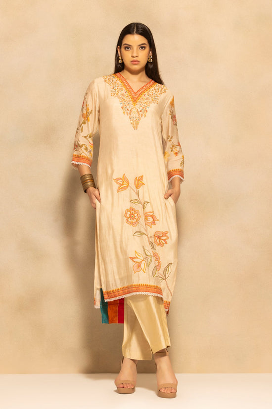 Beige Floral Printed 3 Pcs Kurta Set