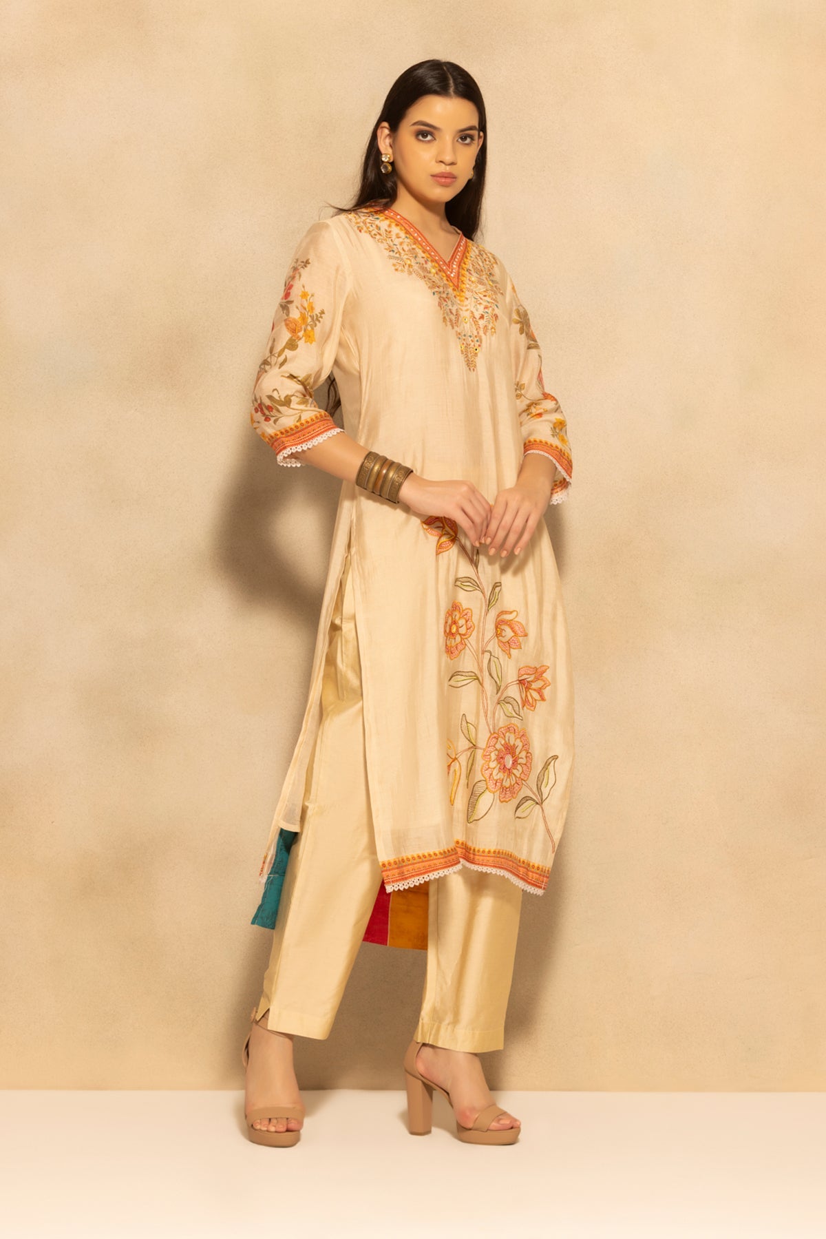 Beige Floral Printed 3 Pcs Kurta Set