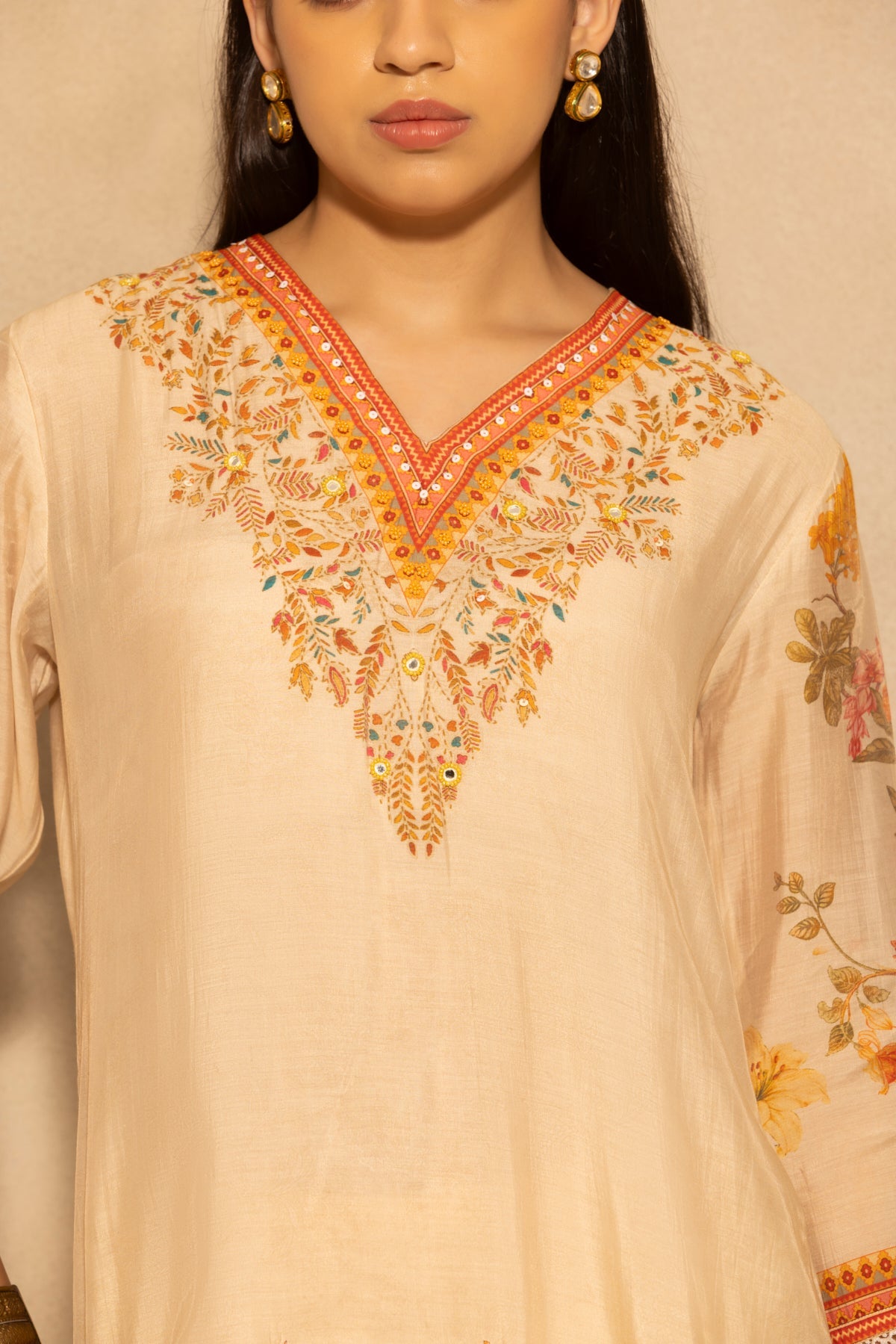 Beige Floral Printed 3 Pcs Kurta Set