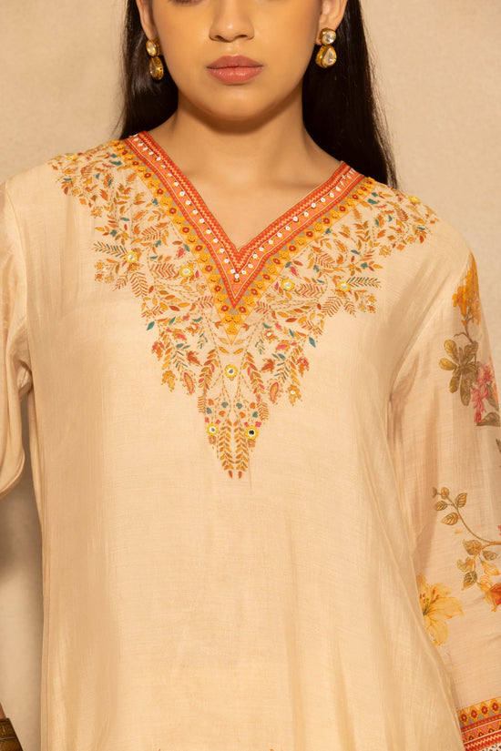 Beige Floral Printed 3 Pcs Kurta Set