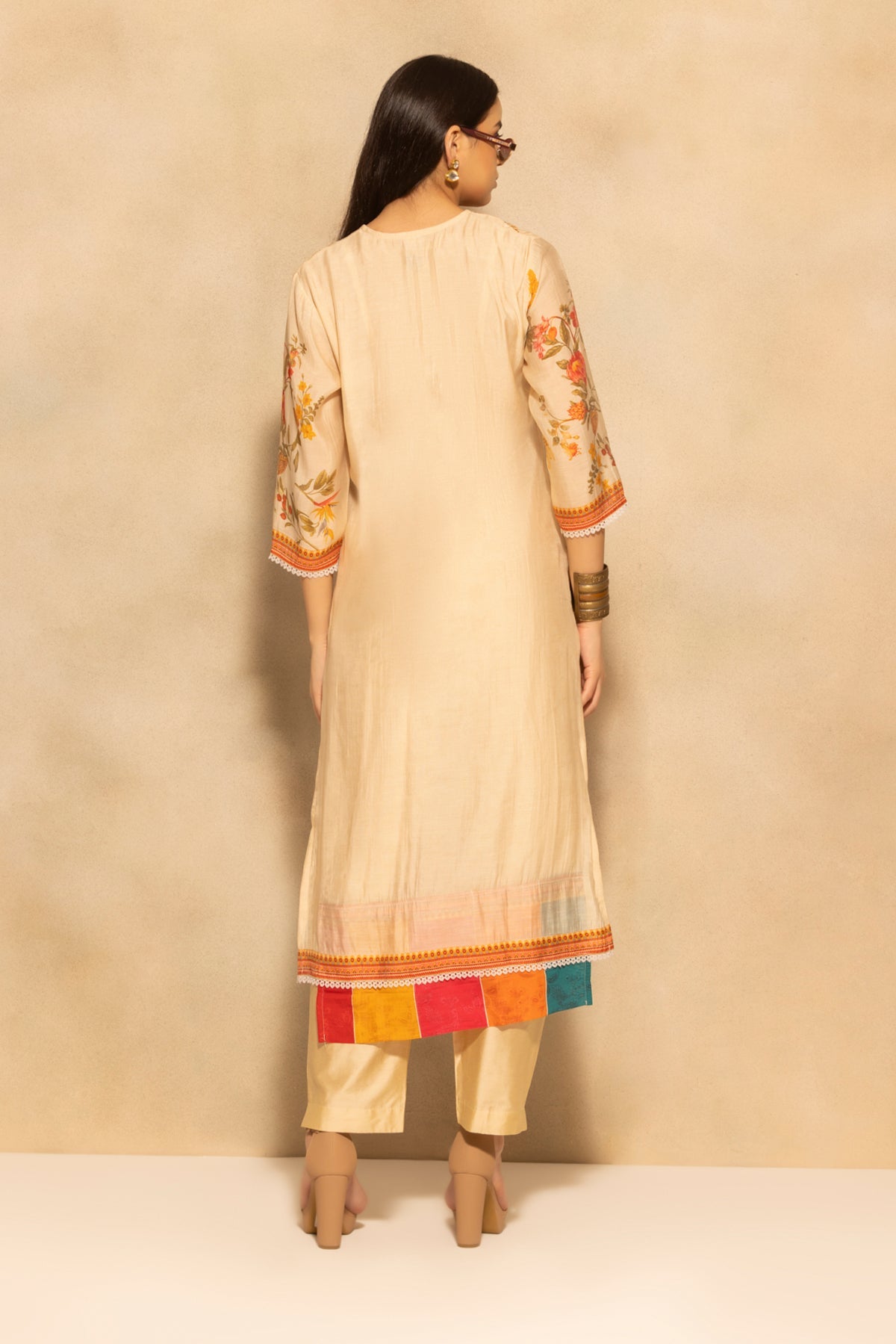 Beige Floral Printed 3 Pcs Kurta Set