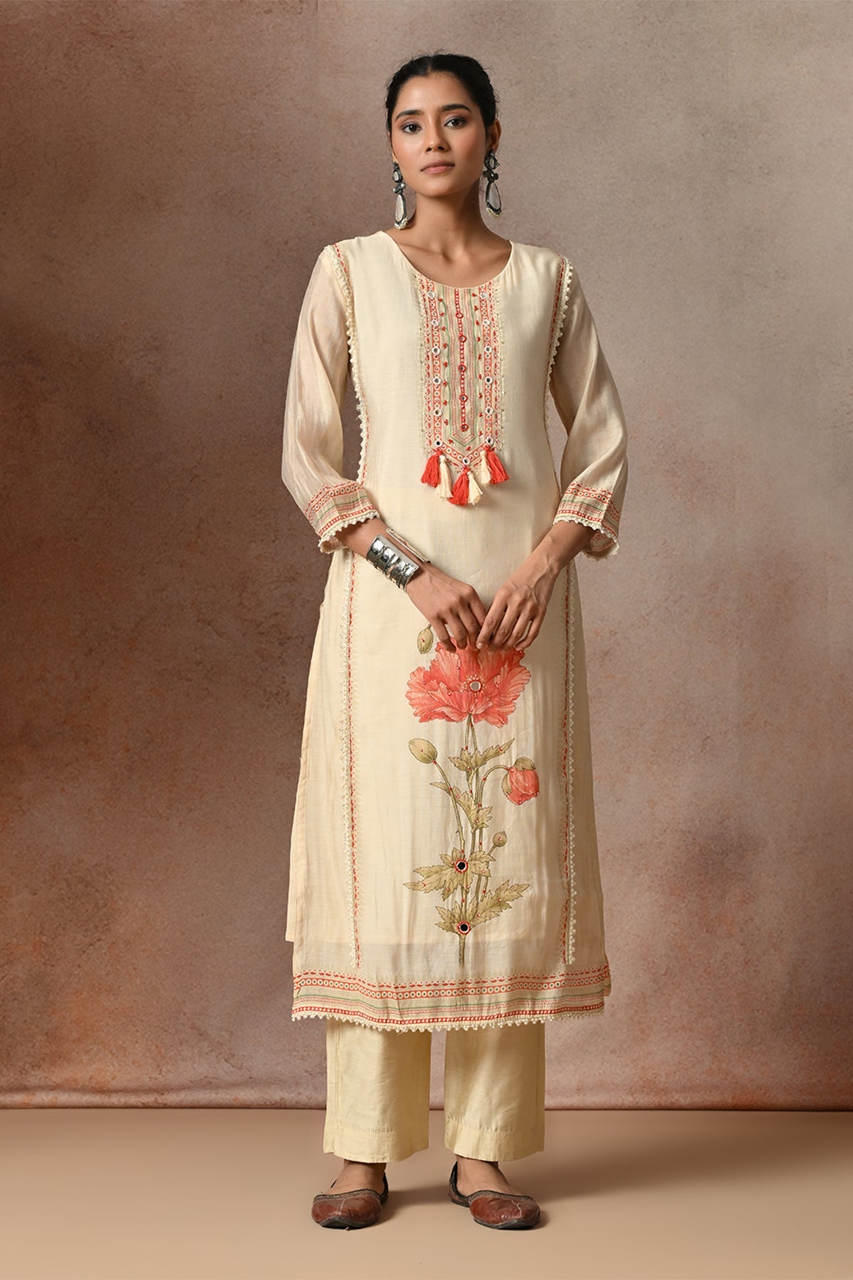 Cream Floral Printed Chanderi 3 Pcs Kurta Set