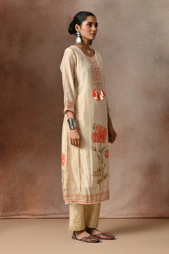 Cream Floral Printed Chanderi 3 Pcs Kurta Set