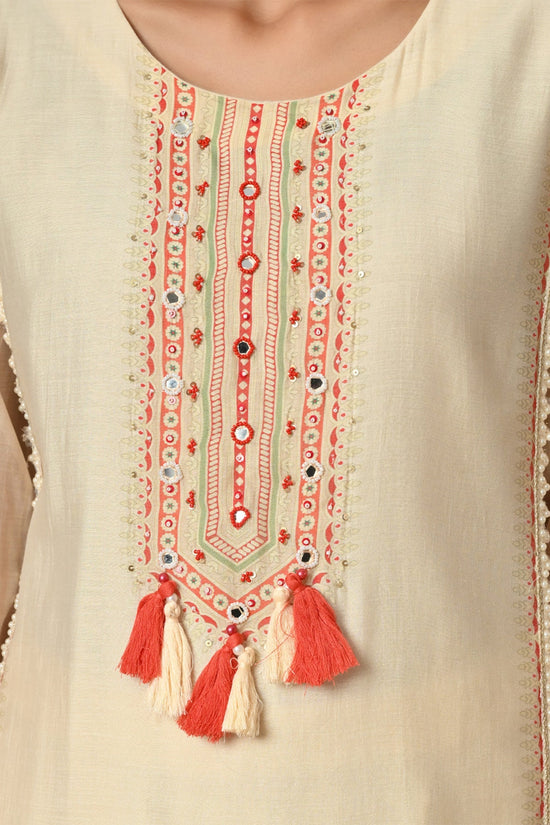 Cream Floral Printed Chanderi 3 Pcs Kurta Set