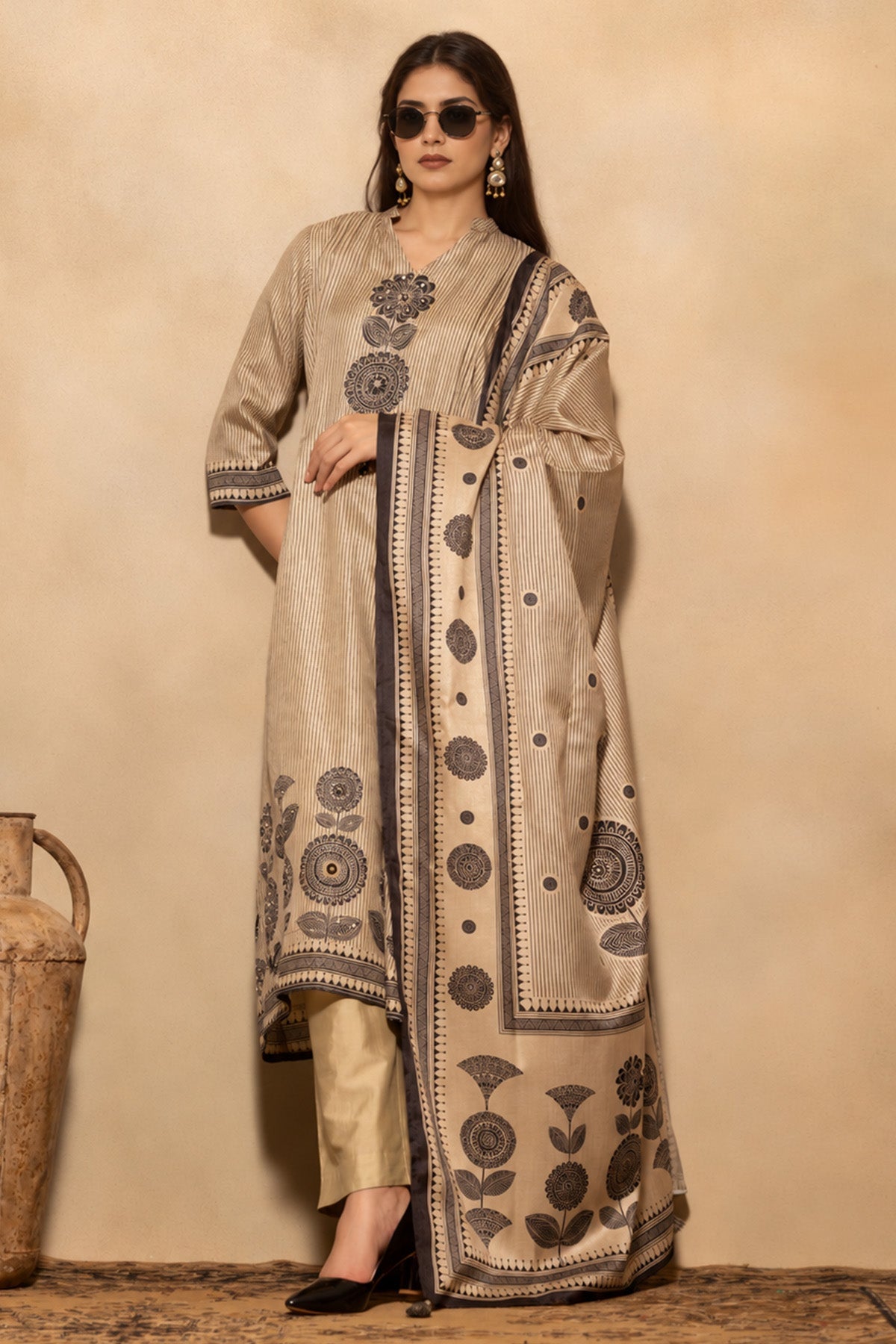 Beige Block Printed A-line 3 Pcs Kurta Set